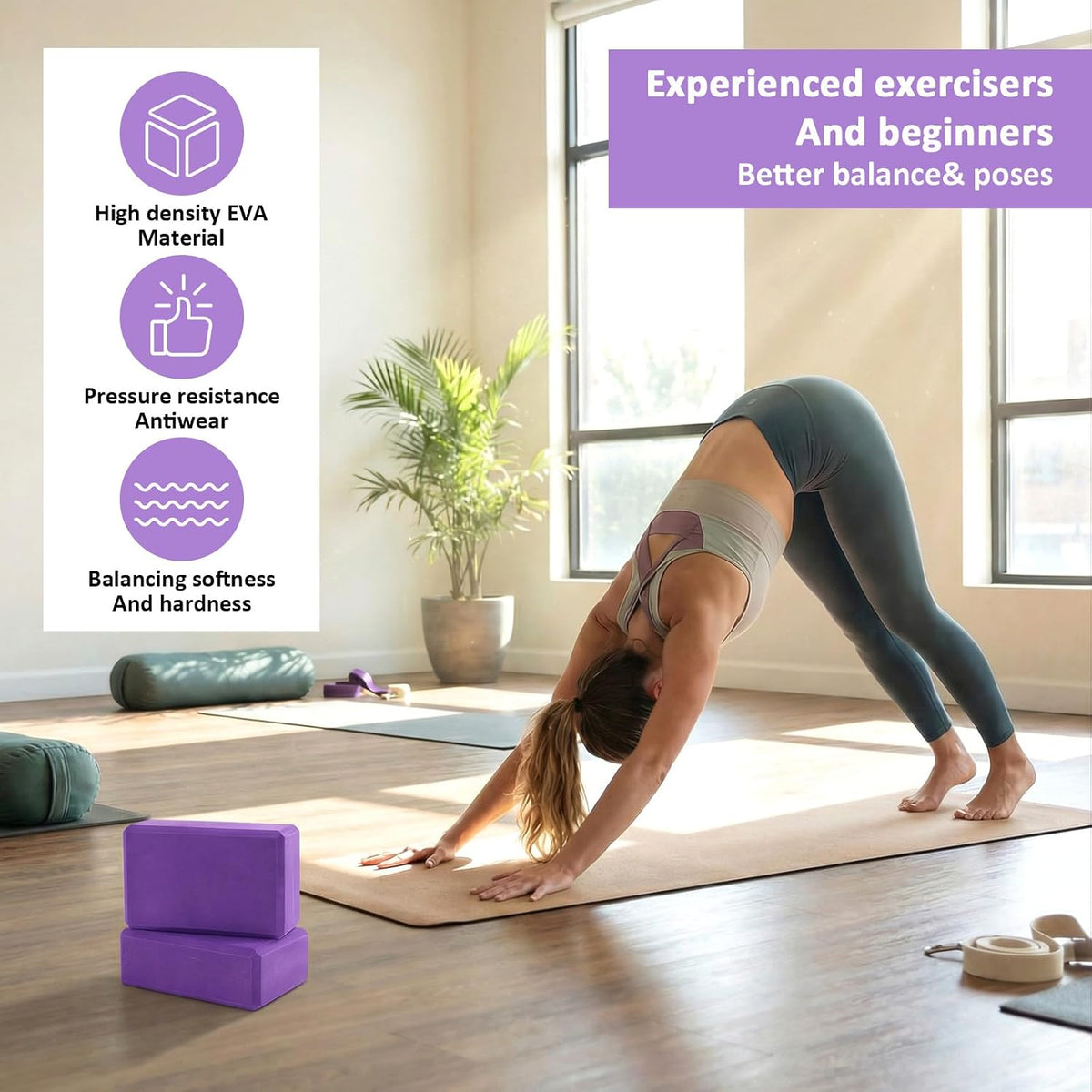 4‑Pack Purple High‑Density EVA Yoga Blocks 9"x6"x3"