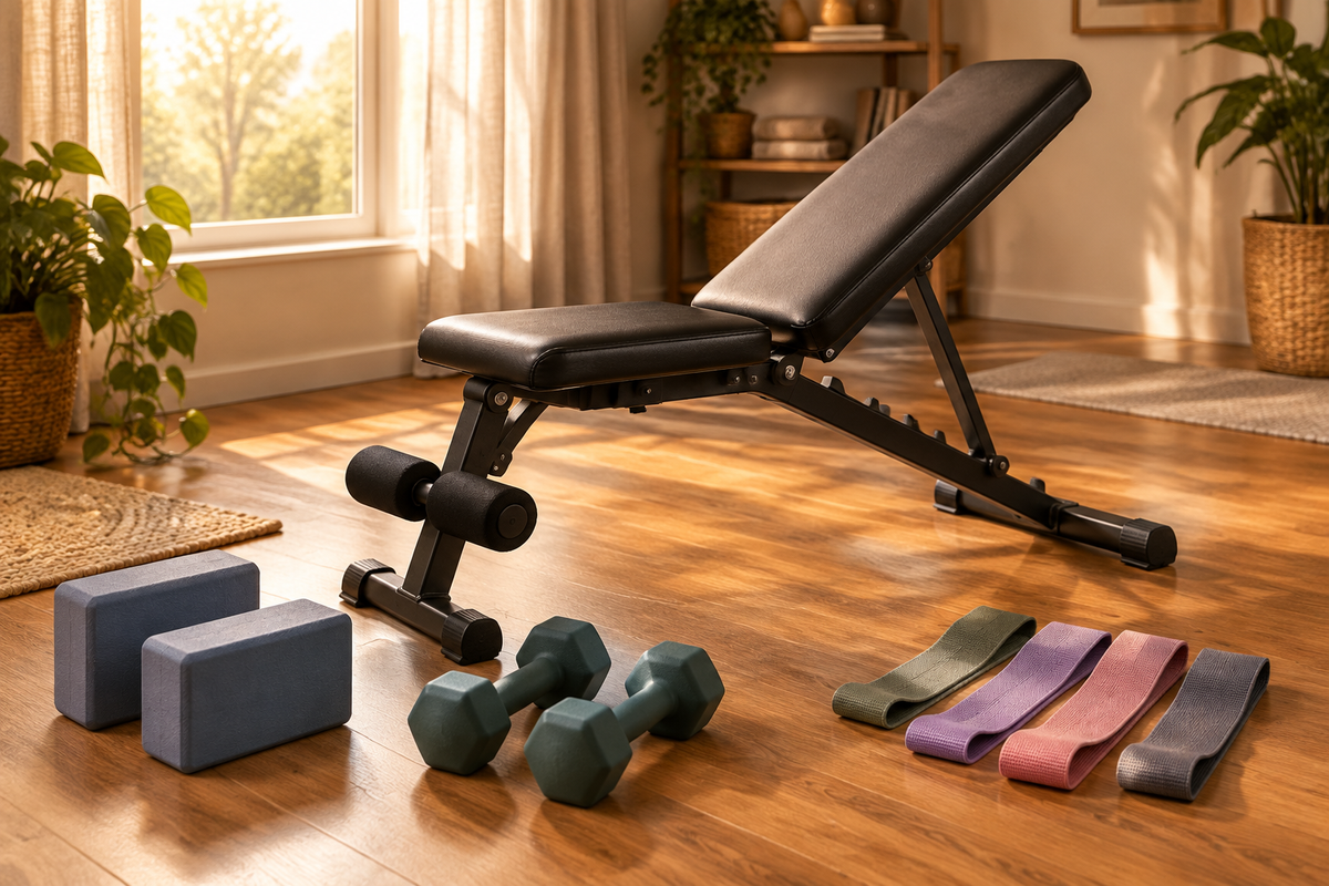 Four fitness product categories in one cozy home workout scene