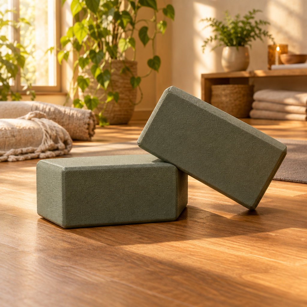 Rubber yoga blocks in a warm studio