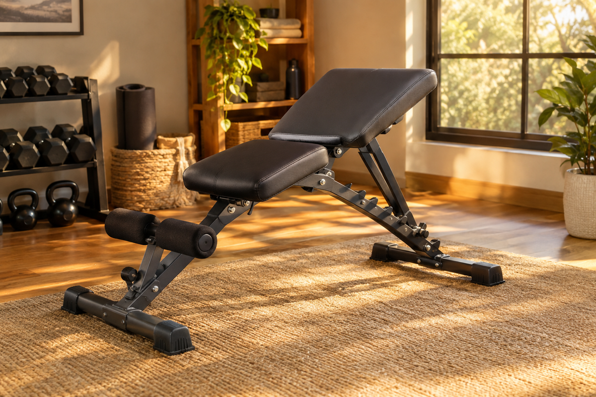 Steel core-trainer bench in a warm home gym